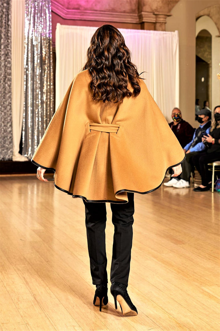 KIMONO Camel Belted Cape Coat in Virgin Wool Cashmere Black Leather