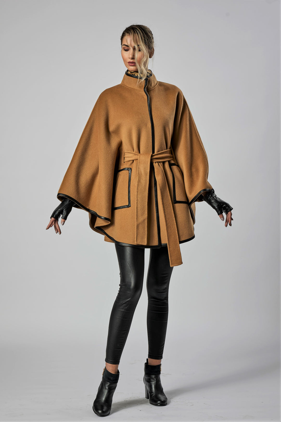 KIMONO Camel Belted Cape Coat in Virgin Wool Cashmere Black Leather