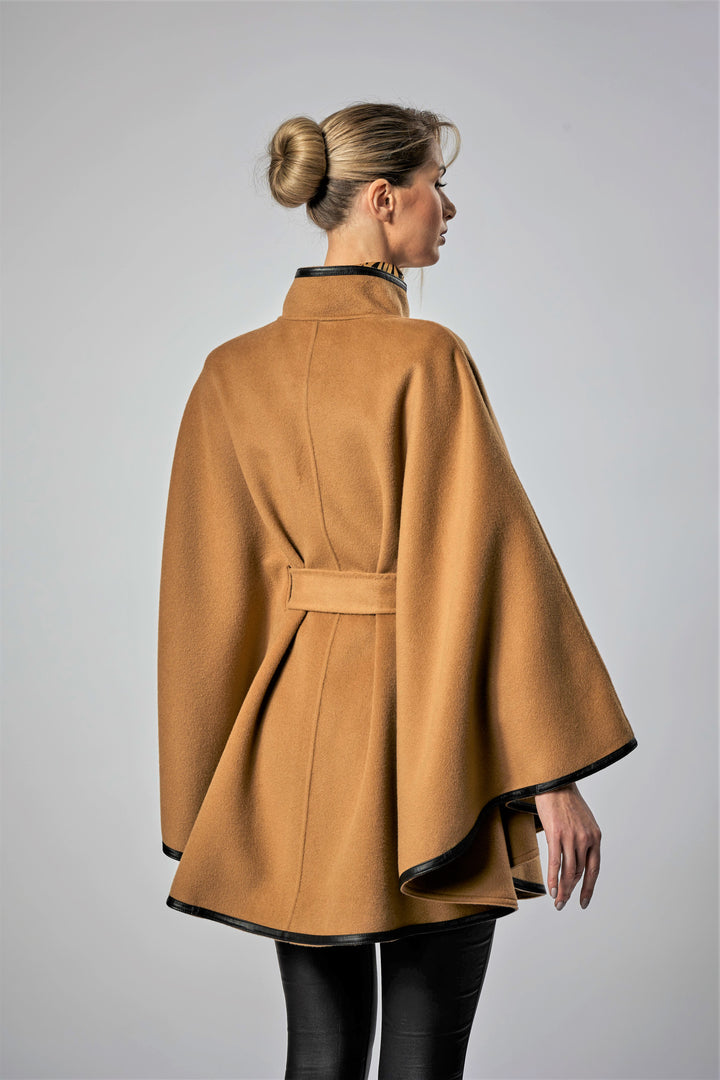 KIMONO Camel Belted Cape Coat in Virgin Wool Cashmere Black Leather
