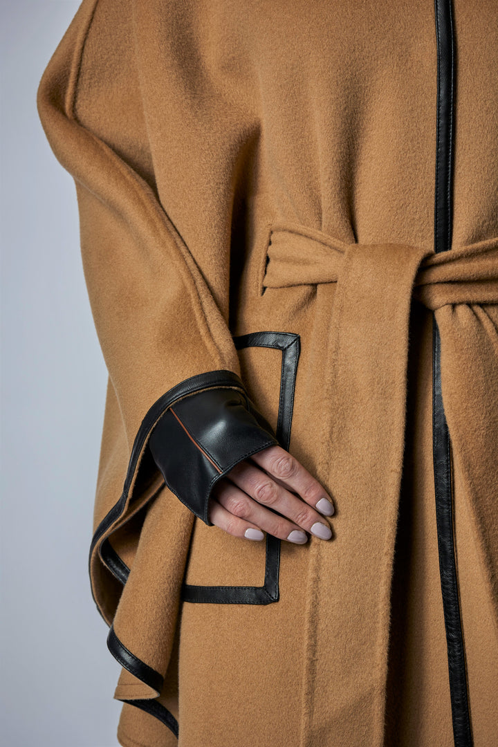 KIMONO Camel Belted Cape Coat in Virgin Wool Cashmere Black Leather