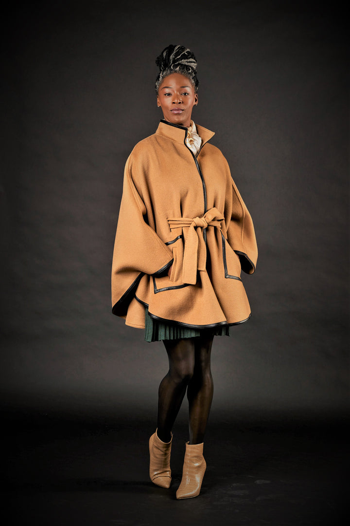 KIMONO Camel Belted Cape Coat in Virgin Wool Cashmere Black Leather