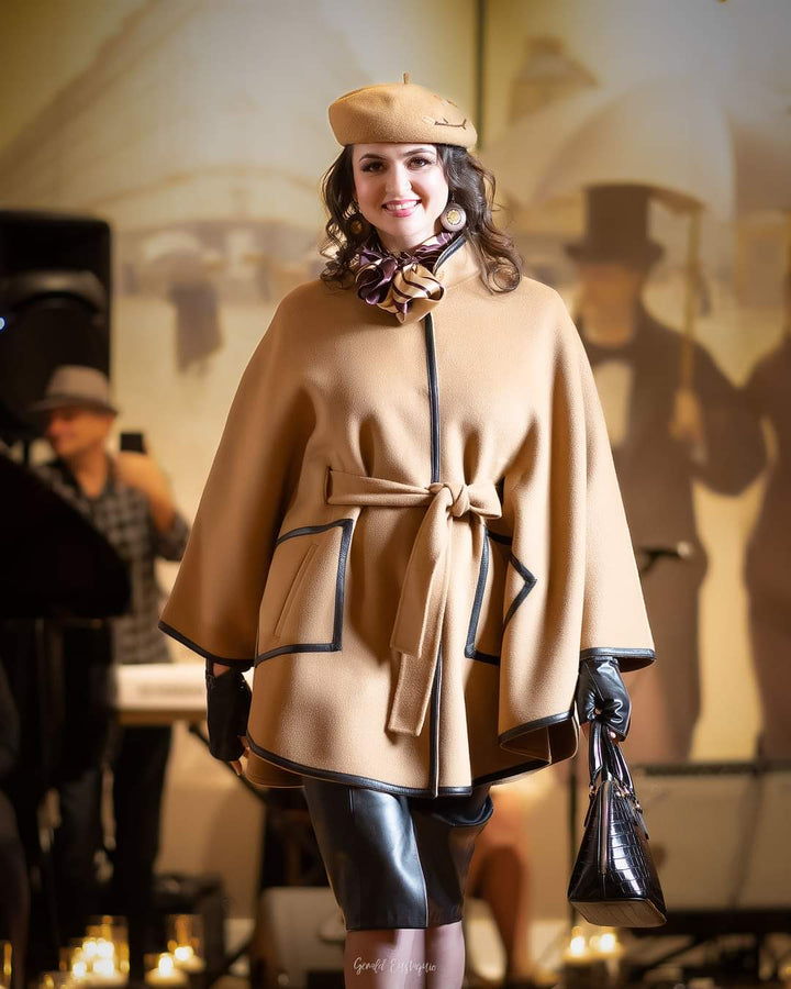 KIMONO Camel Belted Cape Coat in Virgin Wool Cashmere Black Leather