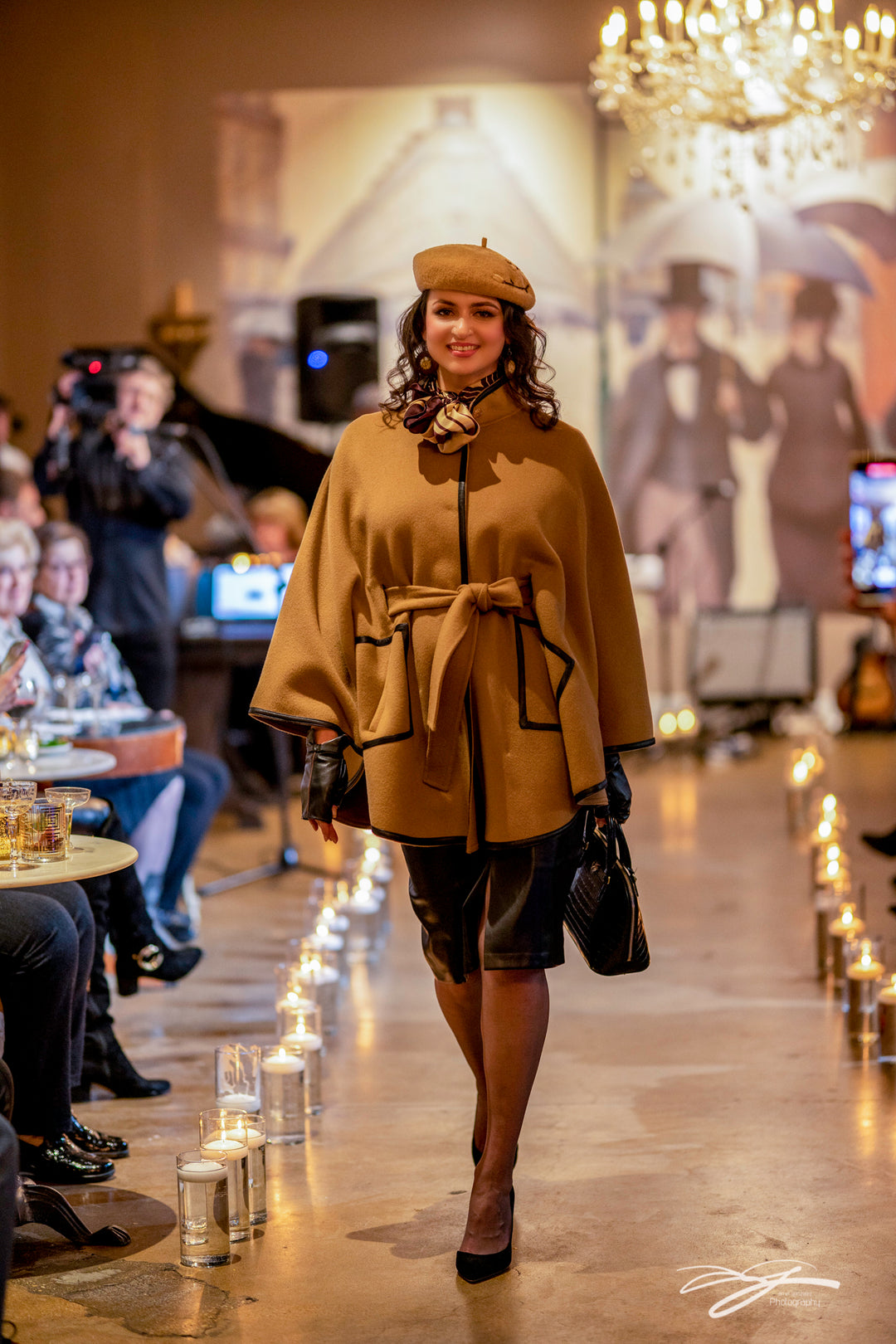 KIMONO Camel Belted Cape Coat in Virgin Wool Cashmere Black Leather