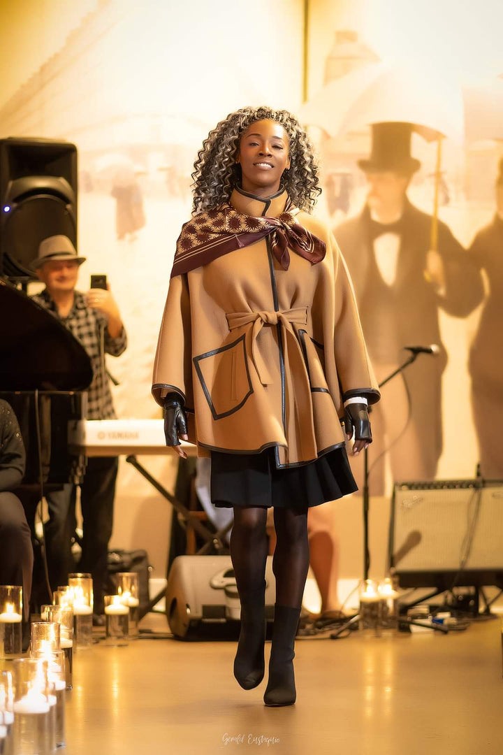 KIMONO Camel Belted Cape Coat in Virgin Wool Cashmere Black Leather