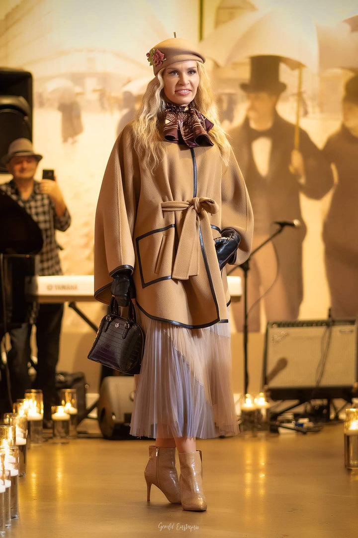 KIMONO Camel Belted Cape Coat in Virgin Wool Cashmere Black Leather