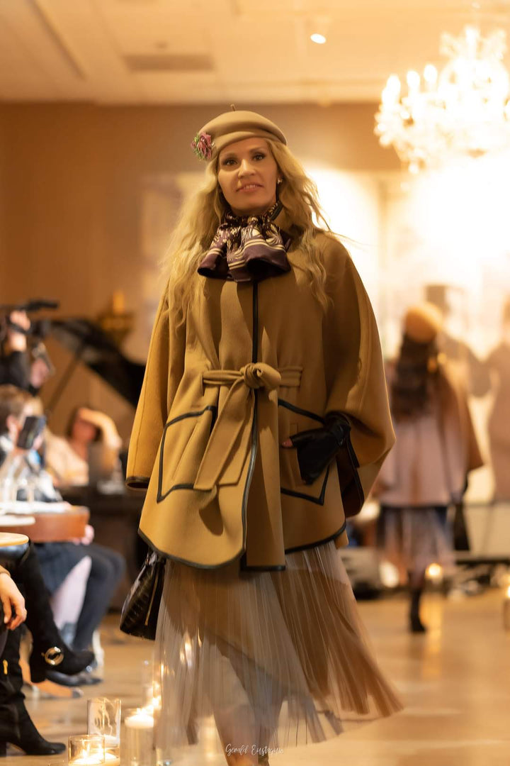 KIMONO Camel Belted Cape Coat in Virgin Wool Cashmere Black Leather