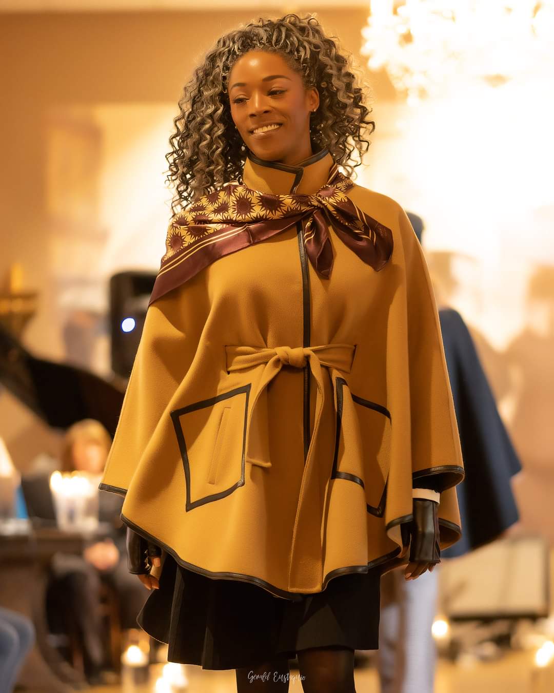 KIMONO Camel Belted Cape Coat in Virgin Wool Cashmere Black Leather