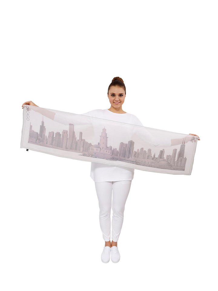 Chicago Skyline Silk Georgette Oblong Scarf – Blush and White
