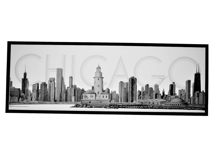 Chicago Skyline Canvas Wall Art – Pencil Illustration with Floating Black Frame
