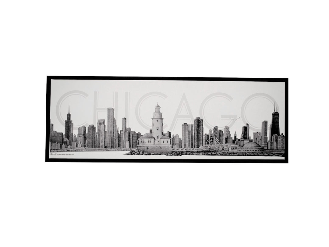Chicago Skyline Canvas Wall Art – Pencil Illustration with Floating Black Frame