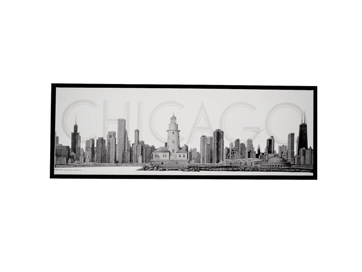 Chicago Skyline Canvas Wall Art – Pencil Illustration with Floating Black Frame