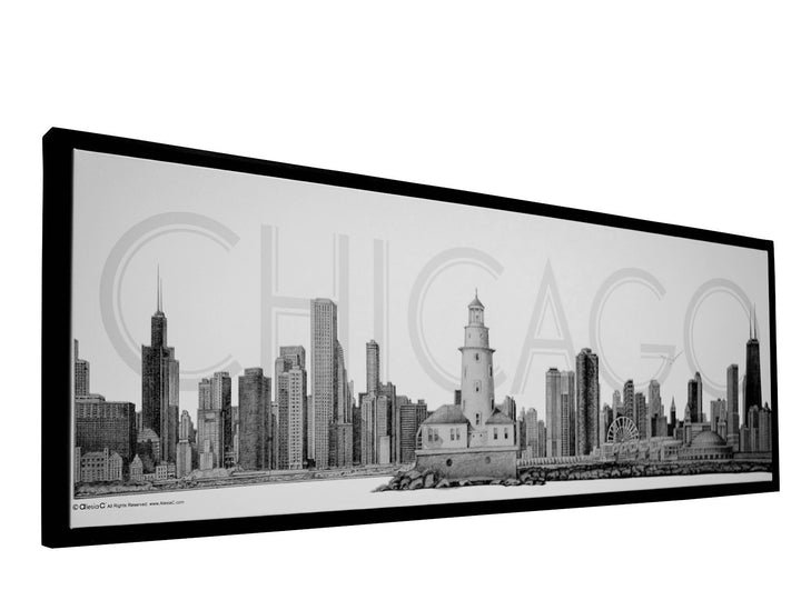 Chicago Skyline Canvas Wall Art – Pencil Illustration with Floating Black Frame