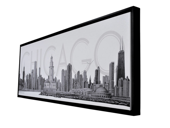Chicago Skyline Canvas Wall Art – Pencil Illustration with Floating Black Frame