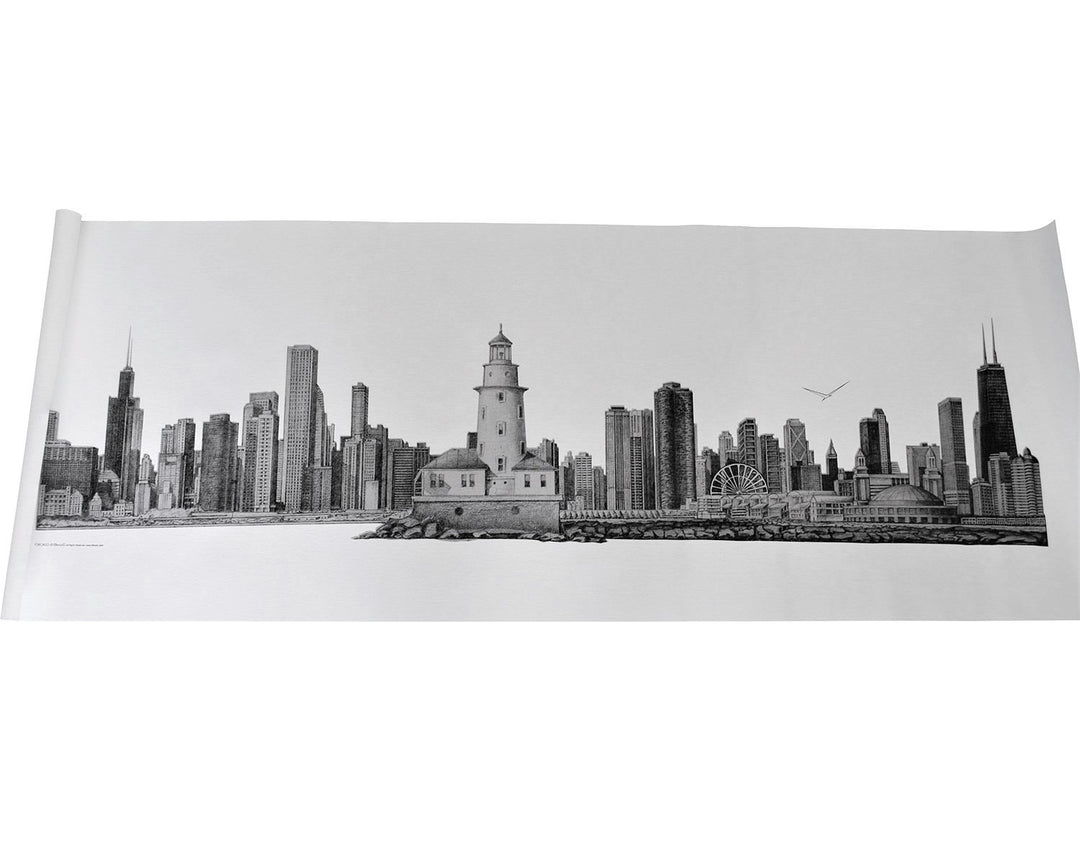 Chicago Skyline Drawing Hand Sketched Rolled Giclee Canvas Print in Black and White Home or Office Wall Art by Stepan Kalinouski Alesia C.