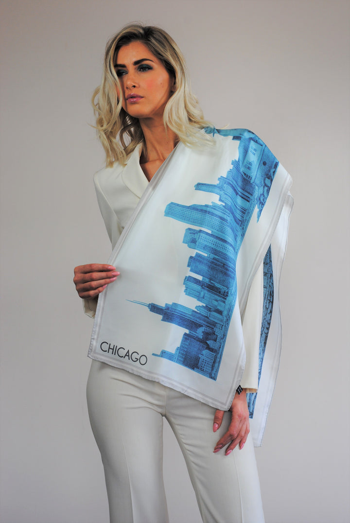 Chicago Skyline Mulberry Silk Charmeuse Scarf – Rectangle – Blue and White