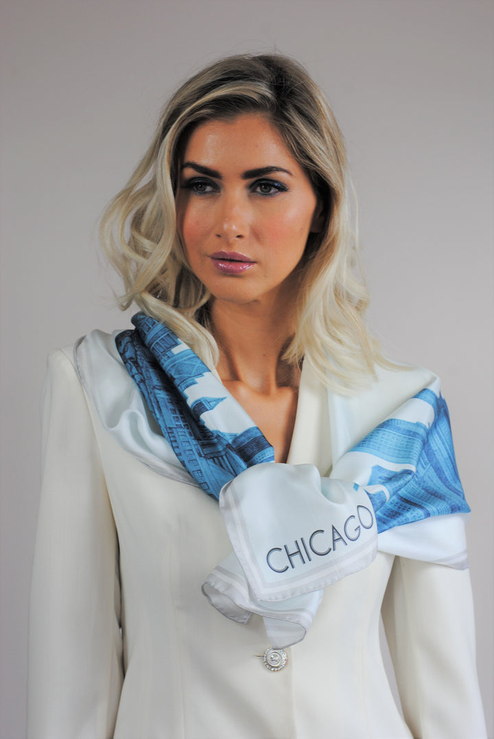 Chicago Skyline Mulberry Silk Charmeuse Scarf – Rectangle – Blue and White