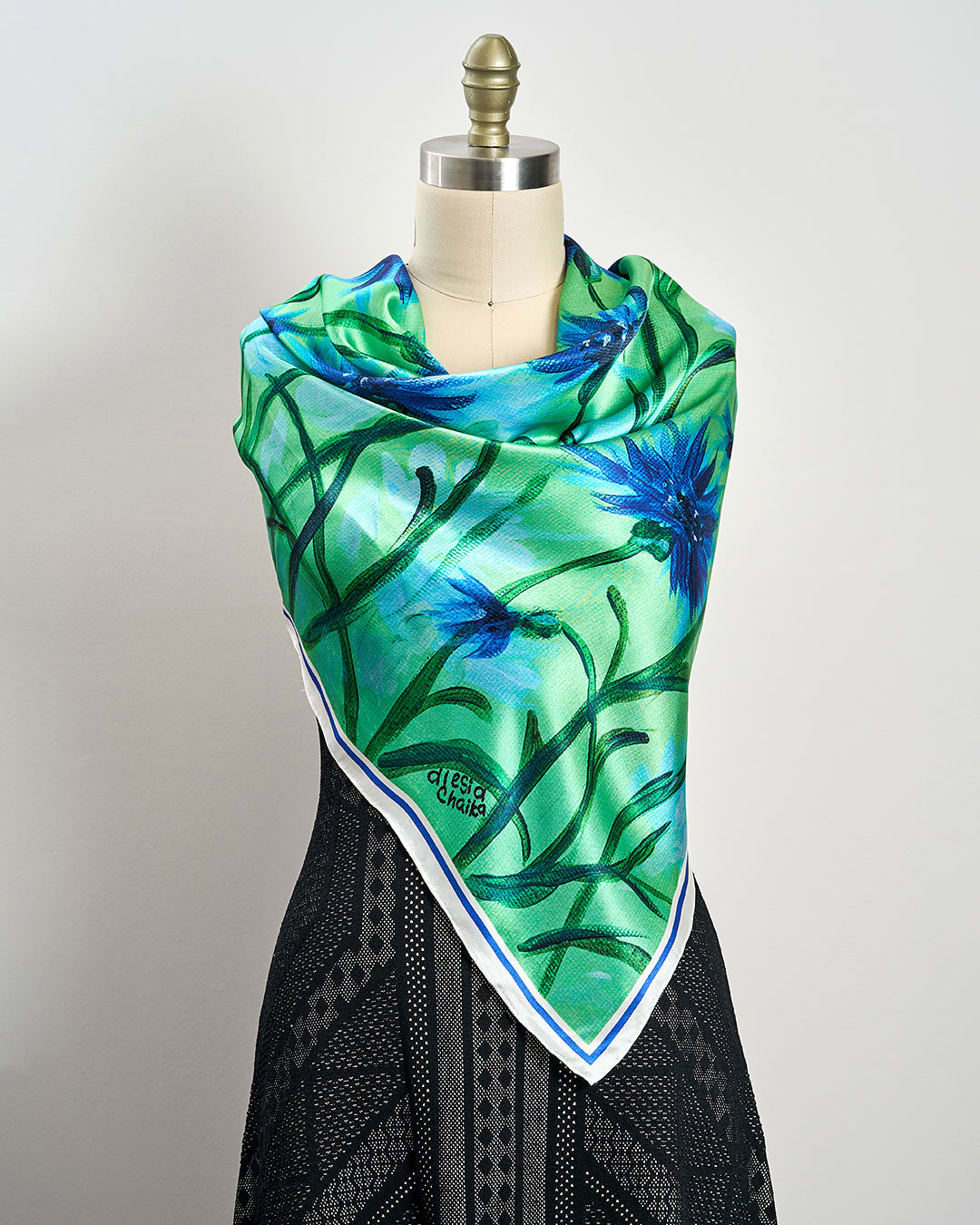 Cornflowers Dream Silk Scarf in green and blue – Alesia C. Art-A-Porte