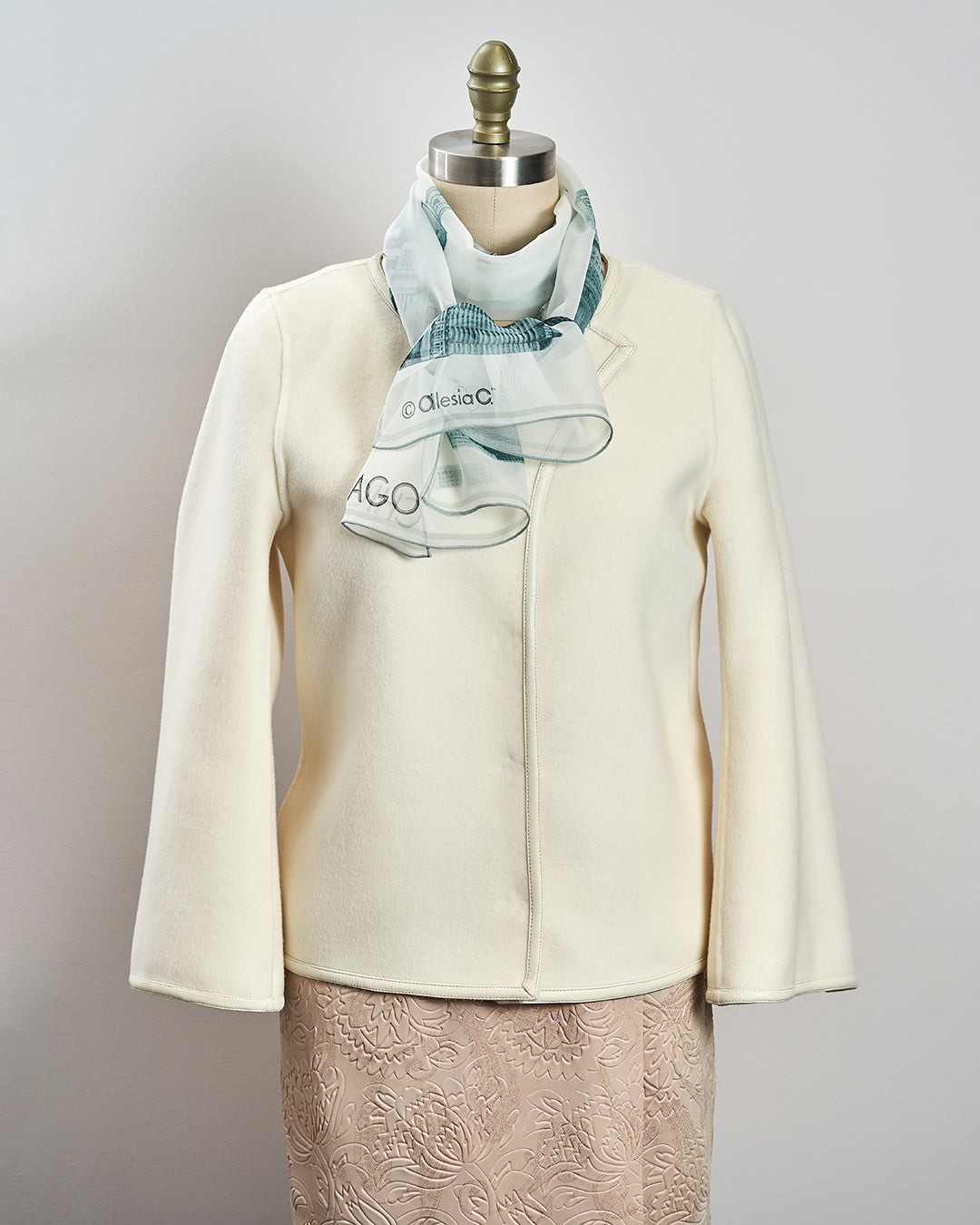 Chicago Skyline Silk Georgette Rectangle Scarf – Blue and White