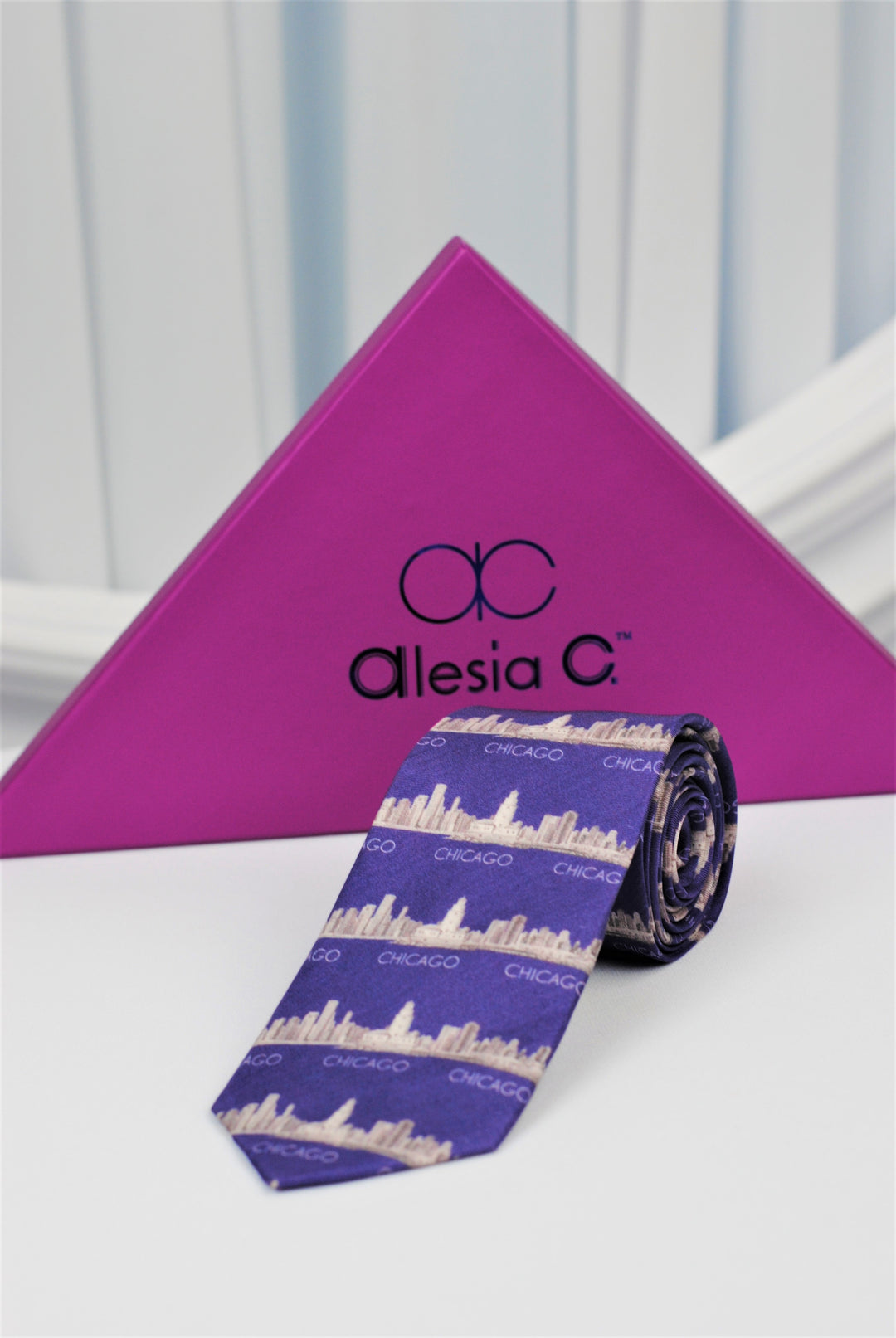 Chicago Skyline Corporate Custom Necktie Purple Beige Tie by Alesia C. Pencil Illustration of Chicago by Alesia C.
