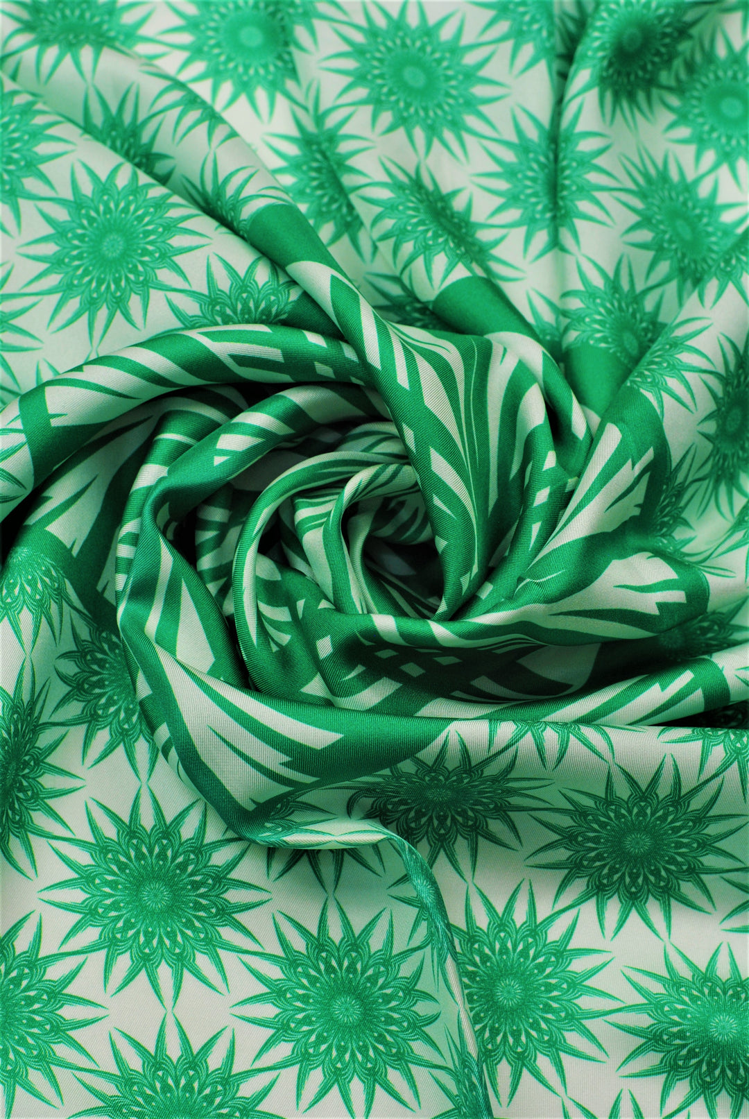 WISDOM Mandala Art Pure Silk Square Scarf in Green White by Alesia Chaika