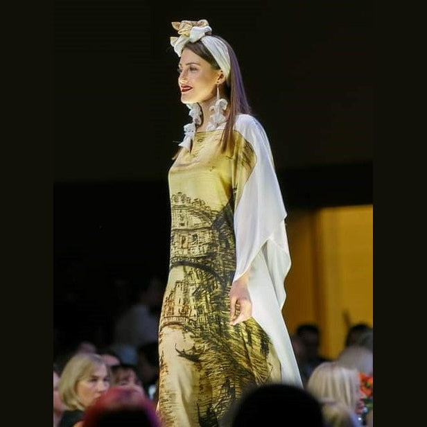 Venice Silk Maxi Caftan – Brown/Beige/White – V-Neck