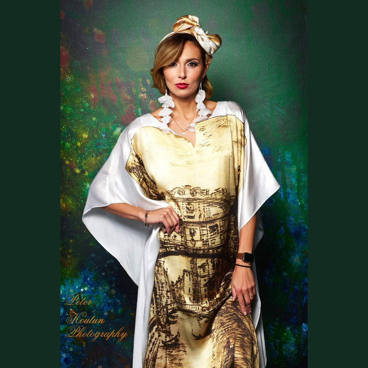 Venice Silk Maxi Caftan – Brown/Beige/White – V-Neck