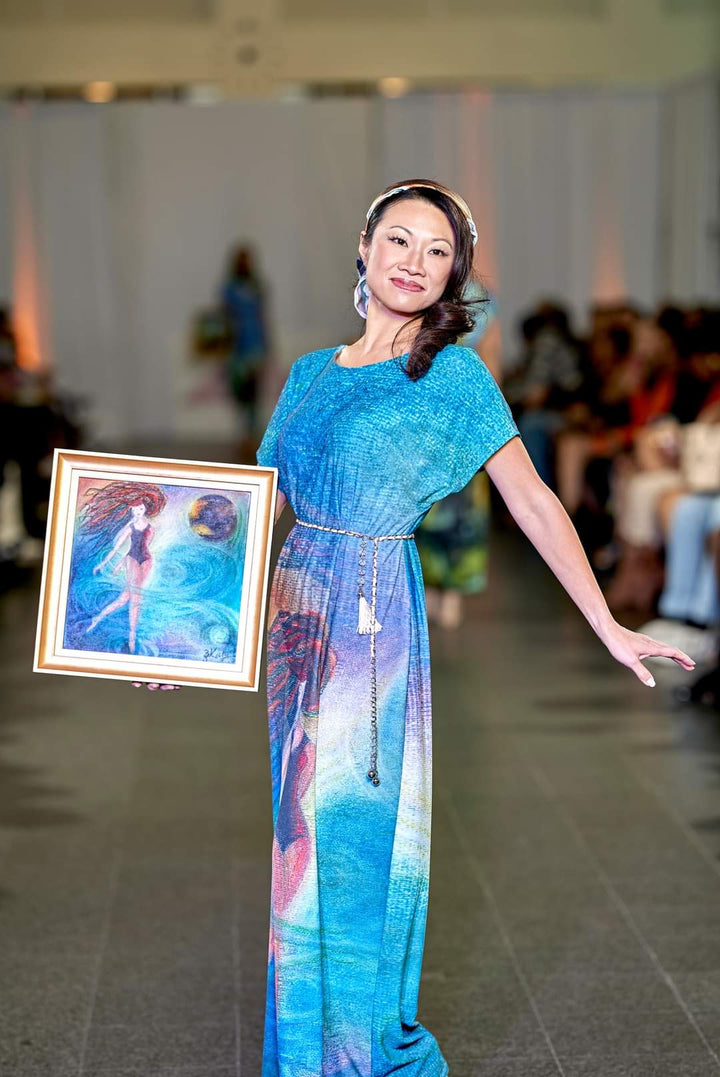 Summer Bright Maxi Dress With Sleeves Wearable Art Be Grateful by artist Alesia Chaika Made In USA Featured at Museum Of Contemporary Art Chicago