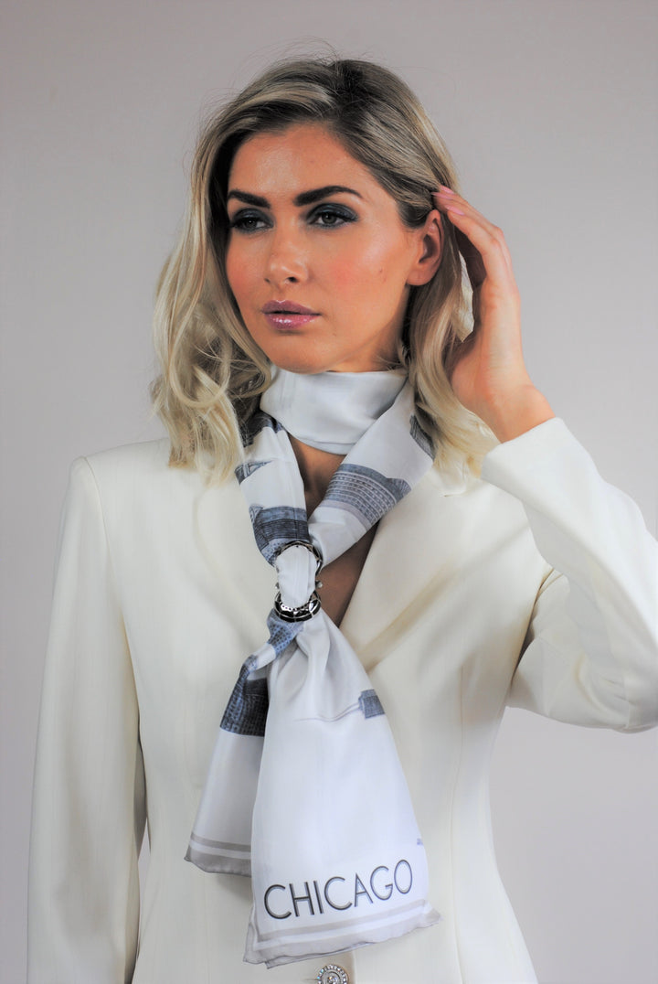 Chicago Skyline Mulberry Silk Charmeuse Rectangle Scarf – Gray and White