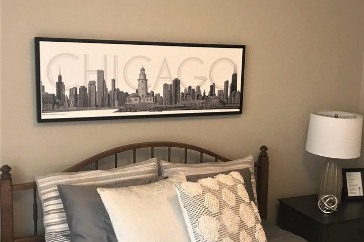 Chicago Skyline Canvas Wall Art – Pencil Illustration with Floating Black Frame