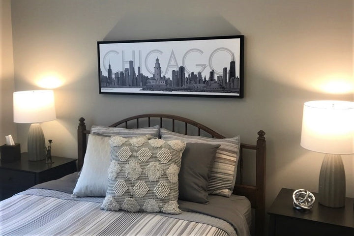 Chicago Skyline Canvas Wall Art – Pencil Illustration with Floating Black Frame