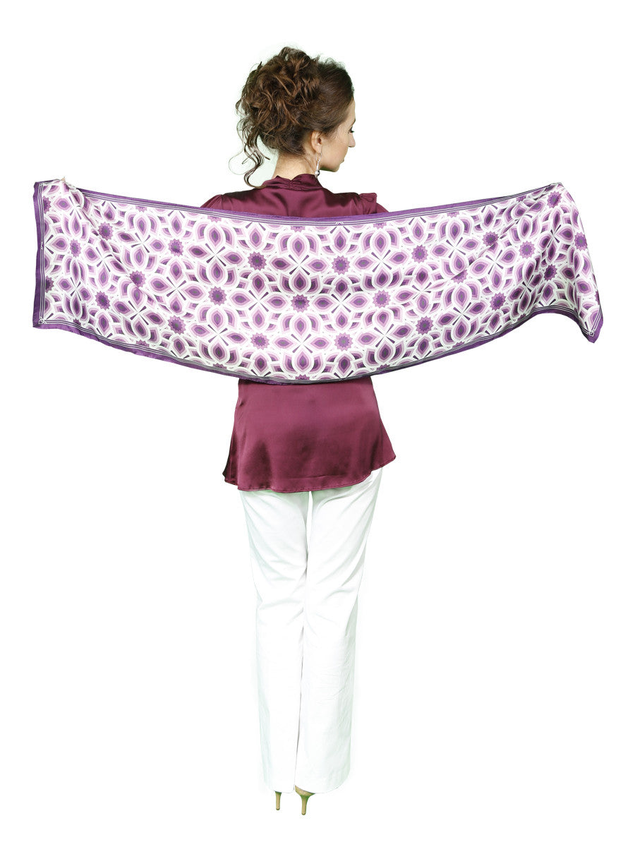 LOTUS Mandala Silk Oblong Scarf – Purple White, 59” x 16”