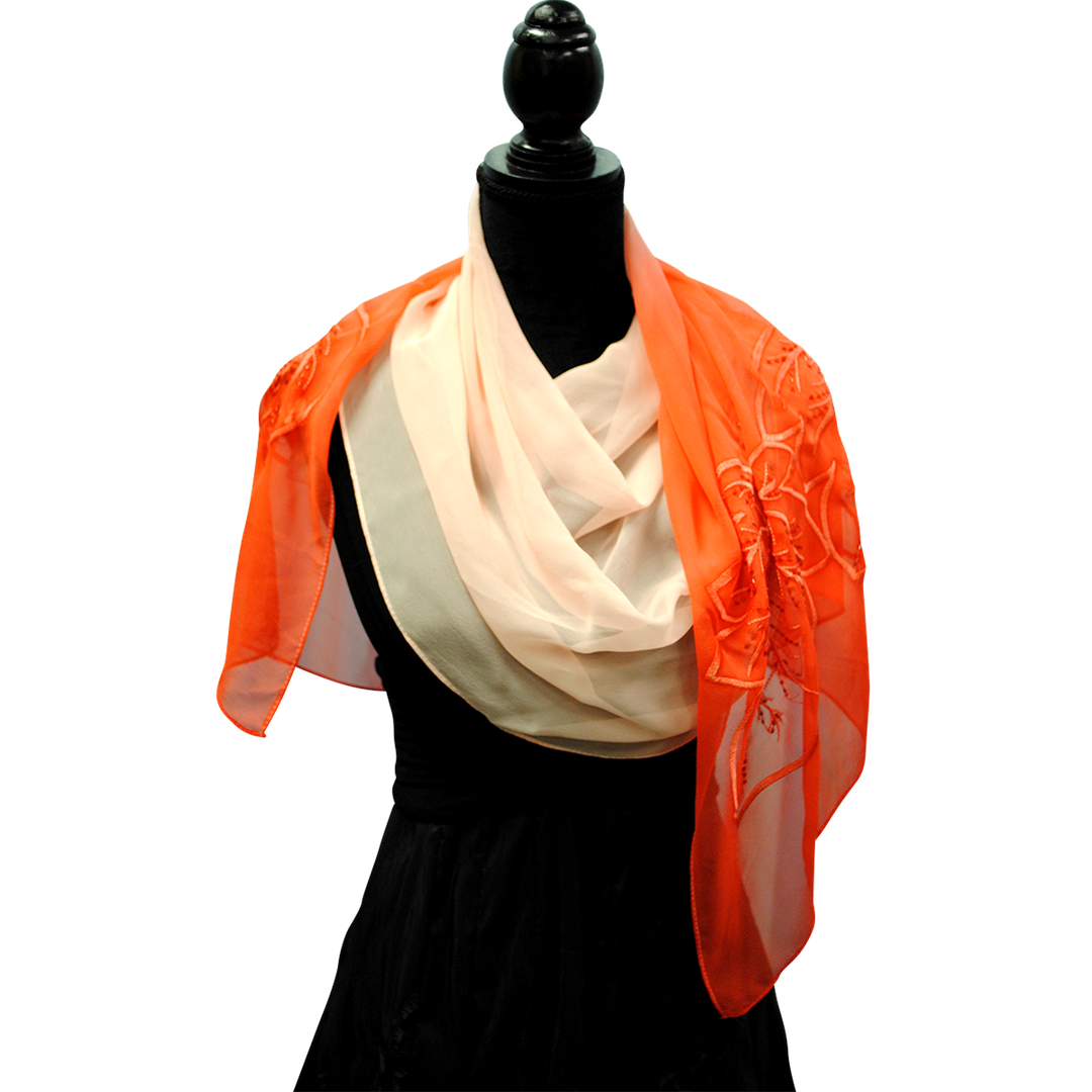 OMBRE LEAVES Embroidered Silk Long Scarf in Red White – 66.5” x 20”