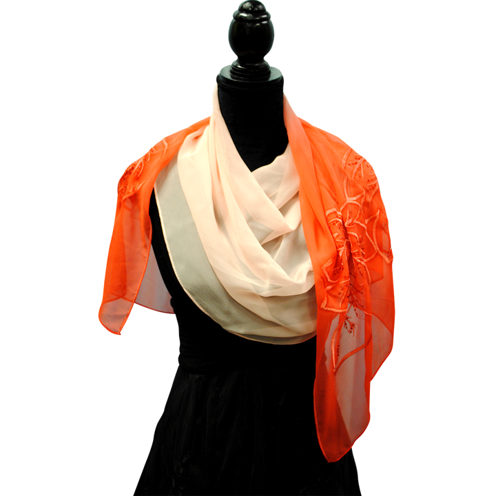 OMBRE LEAVES Embroidered Silk Long Scarf in Red White – 66.5” x 20”