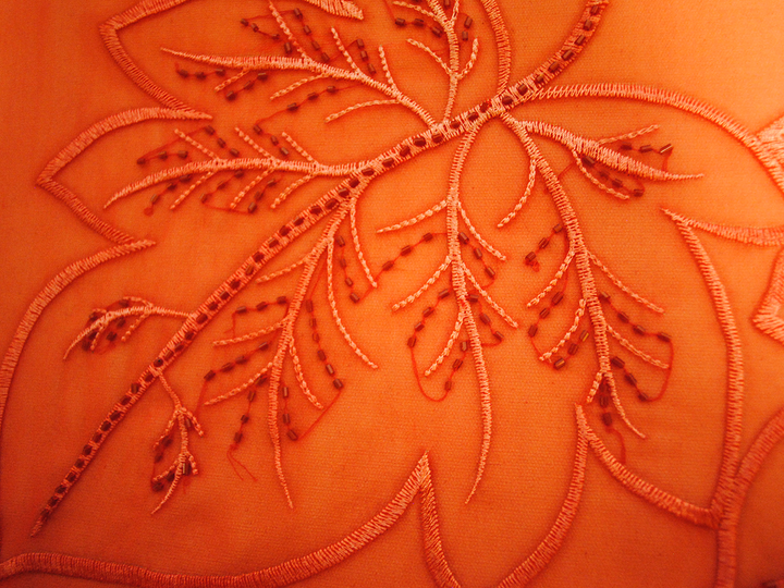 OMBRE LEAVES Embroidered 100% Silk Oblong Scarf in Red White