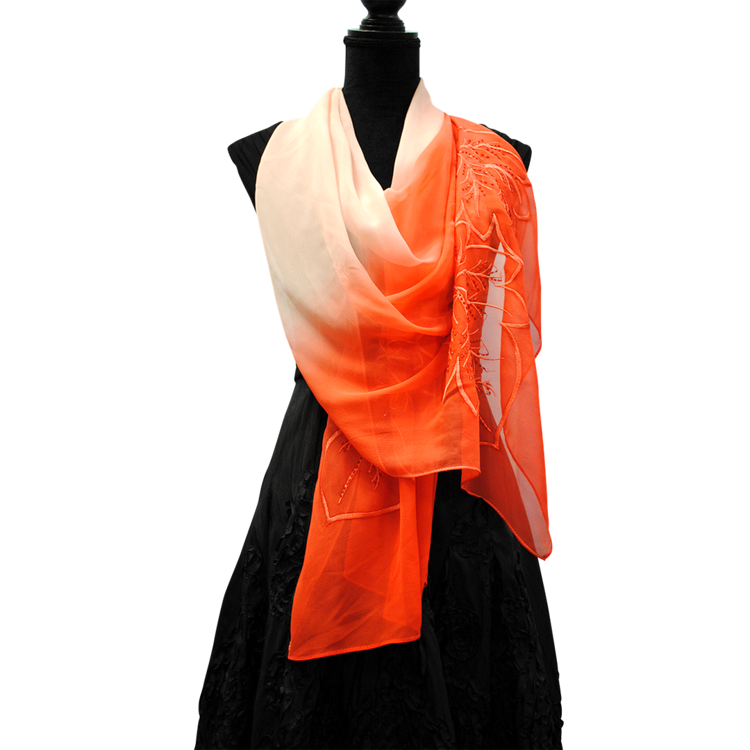 OMBRE LEAVES Embroidered Silk Long Scarf in Red White – 66.5” x 20”