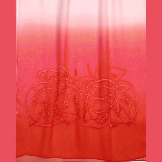 OMBRE LEAVES Embroidered Silk Long Scarf in Red White – 66.5” x 20”