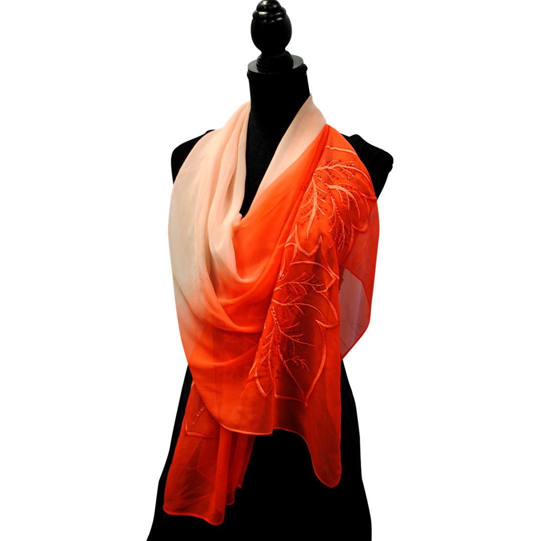 OMBRE LEAVES Embroidered Silk Long Scarf in Red White – 66.5” x 20”