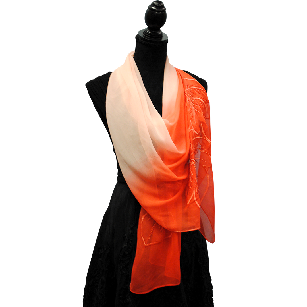 OMBRE LEAVES Embroidered Silk Long Scarf in Red White – 66.5” x 20”
