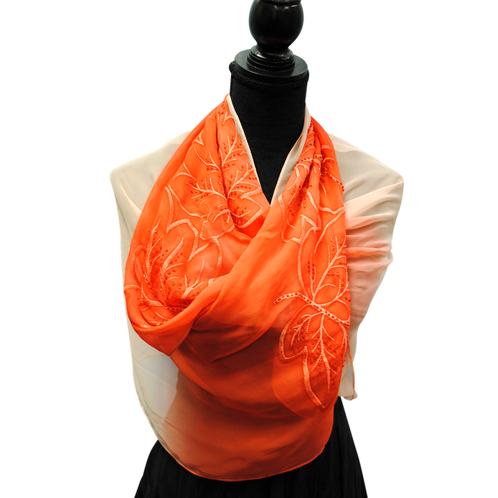 OMBRE LEAVES Embroidered Silk Long Scarf in Red White – 66.5” x 20”