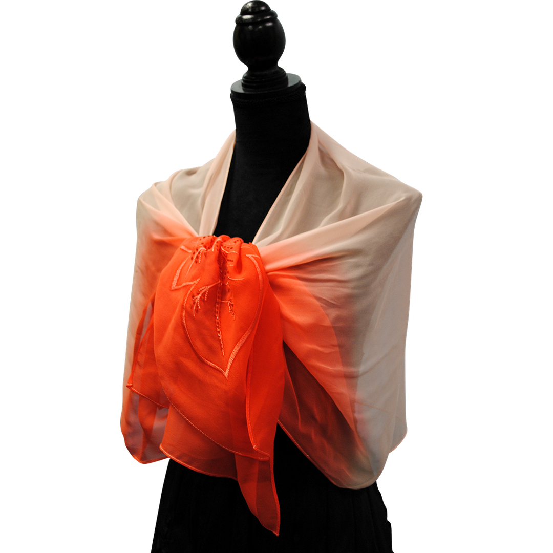 OMBRE LEAVES Embroidered Silk Long Scarf in Red White – 66.5” x 20”