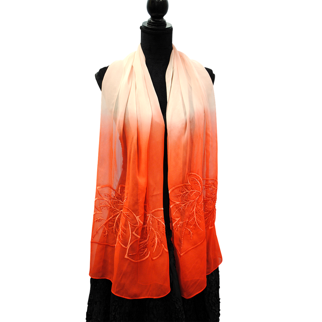 OMBRE LEAVES Embroidered Silk Long Scarf in Red and White by Alesia C