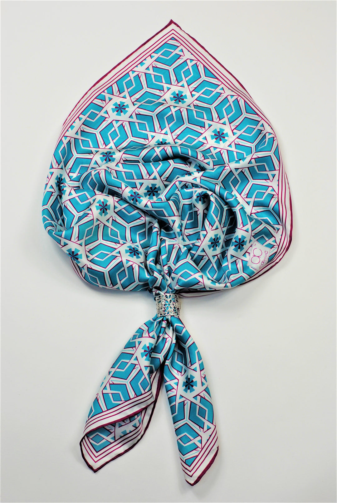 PERPETUUM MOBILE Mandala Designer Silk Scarf – Blue, White, Purple