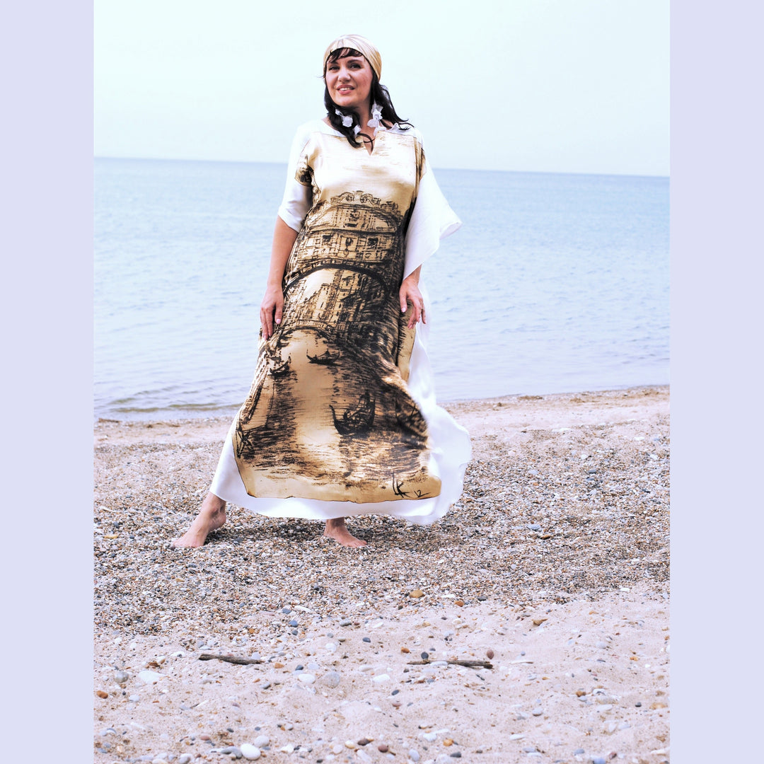 Venice Silk Maxi Caftan – Brown/Beige/White – V-Neck