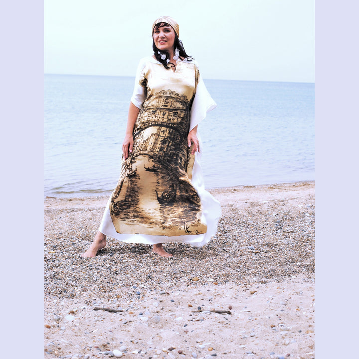 Venice Silk Maxi Caftan – Brown/Beige/White – V-Neck