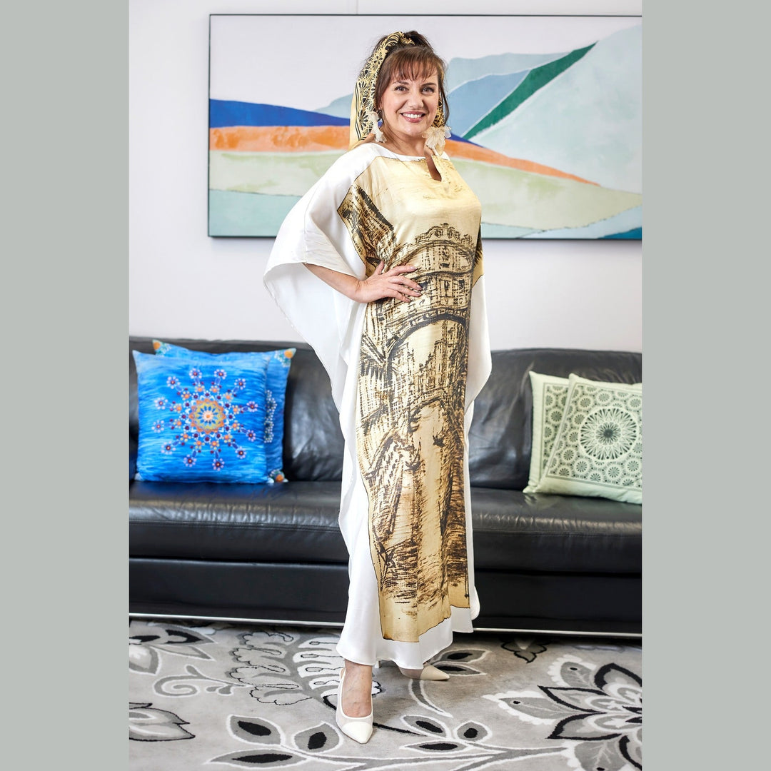 Venice Silk Maxi Caftan – Brown/Beige/White – V-Neck