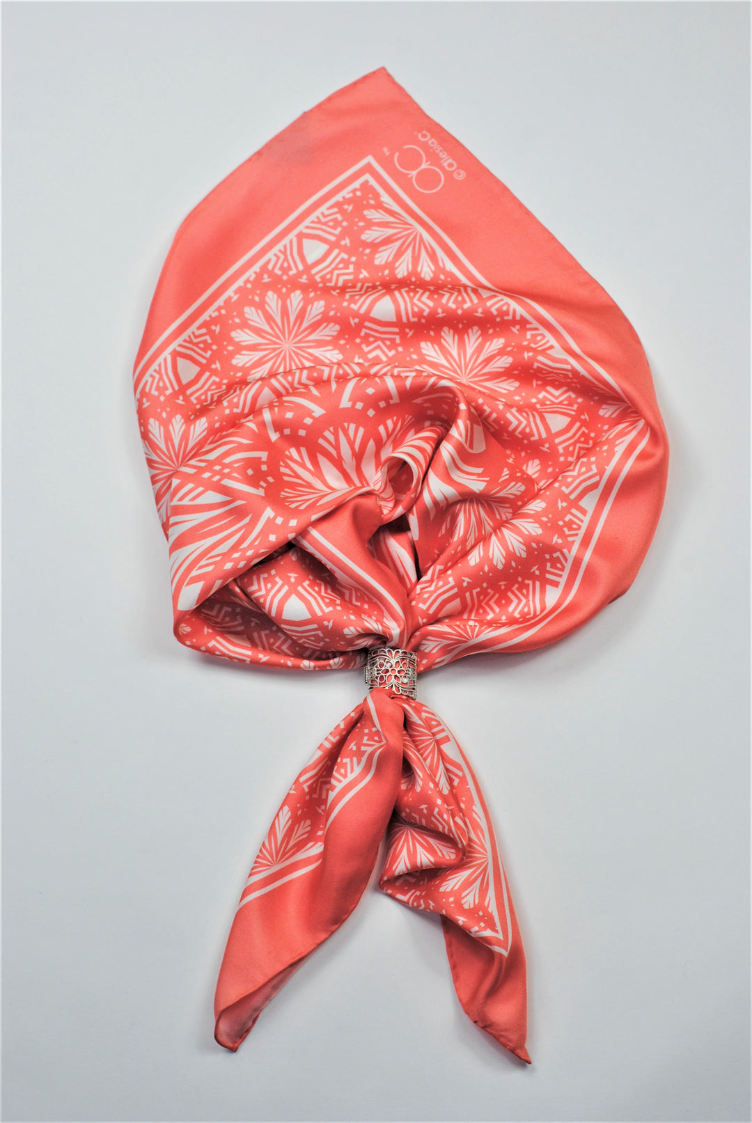 SERENITY Mandala Designer Silk Square Scarf – Peach White – Hand-Rolled Edges – Multiple Sizes