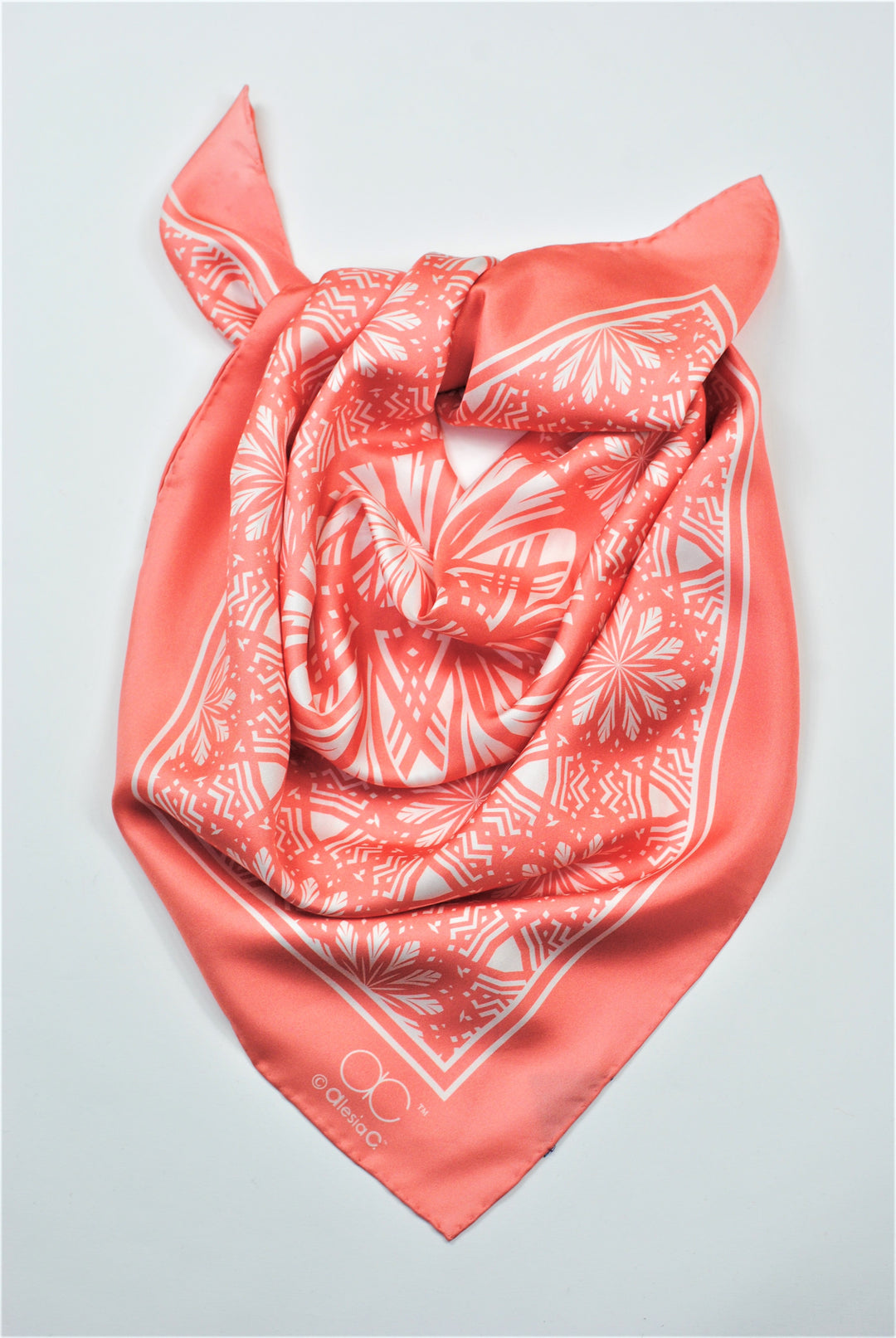 Peach SERENITY Mandala Art Pure Silk Scarf in Peach White Alesia C.