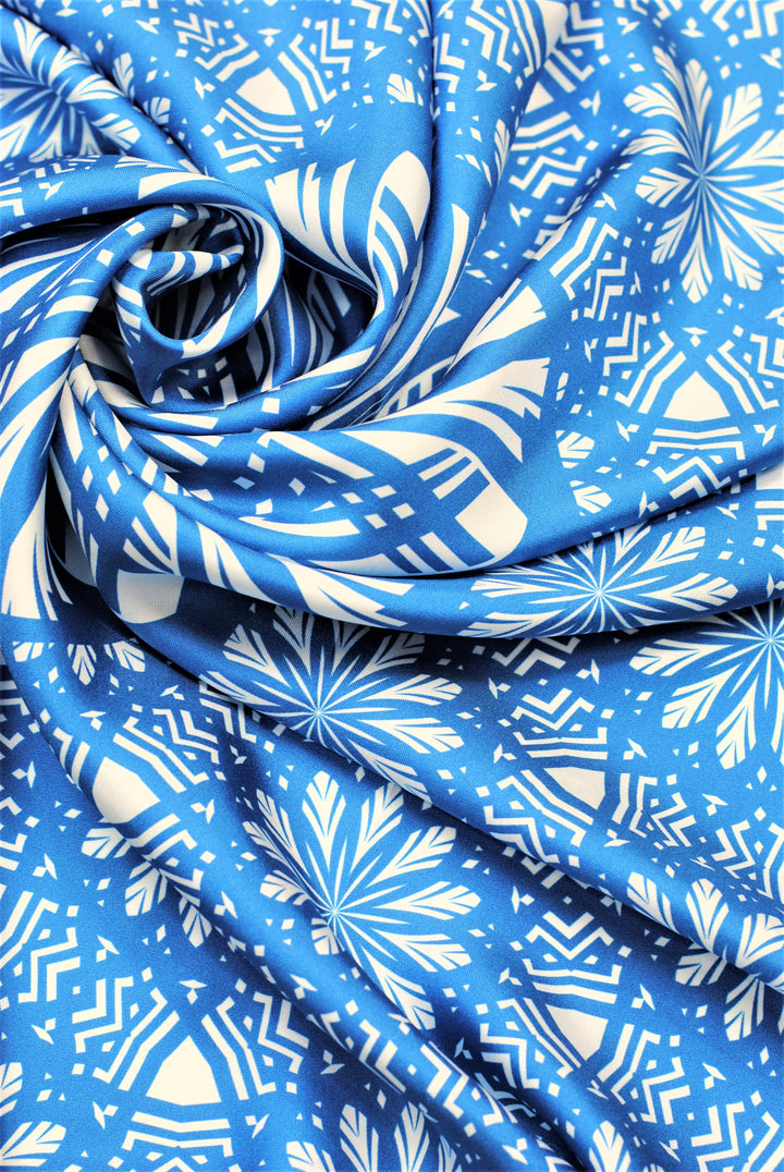 SERENITY Mandala Designer Silk Square Scarf – Blue White – Hand-Rolled Edges – Multiple Sizes