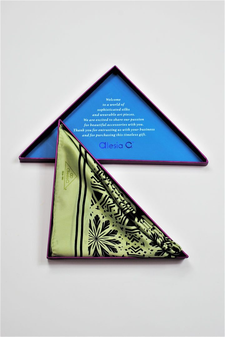 SERENITY Mandala Designer Silk Square Scarf – Sage Black – Hand-Rolled Edges – Multiple Sizes