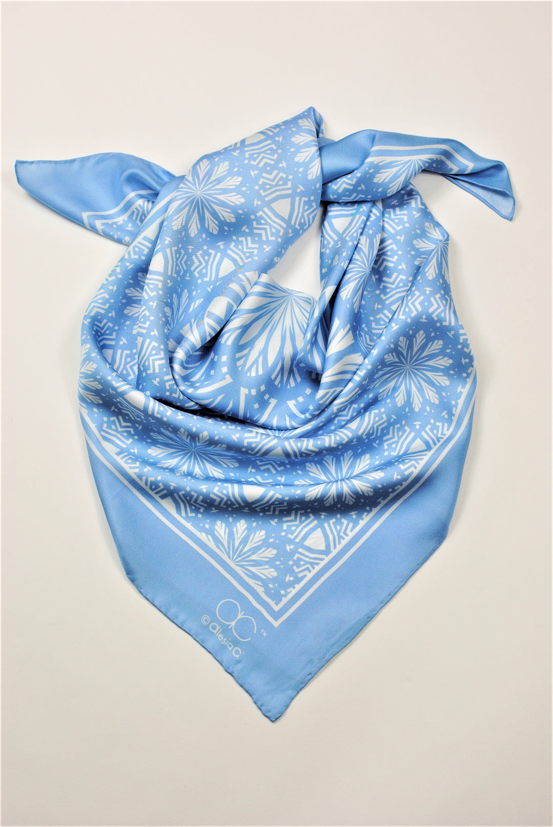 SERENITY Mandala Art Pure Silk Charmeuse Scarf in Light Blue and White Serenity Blue by Alesia Chaika designer scarf in the signature Alesia C. triangle purple gift box